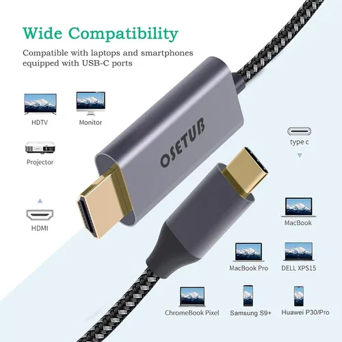 Vista 6 de Cable USB C a HDMI 4K, adaptador de cable USB tipo C a HDMI de 4.9 pies, cable trenzado de alta velocidad compatible con iPhone 15 Pro/Max, MacBook