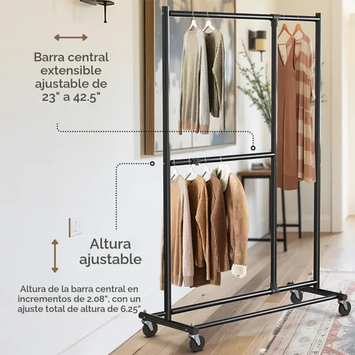 Vista 3 de Simple Houseware Perchero ajustable de doble barra para ropa, 72" H, negro
