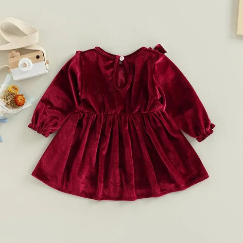 Vista 7 de Trajes de Navidad para niñas pequeñas, vestido de manga larga, falda vintage de encaje de una pieza, vestido de fiesta de terciopelo rojo, vestido