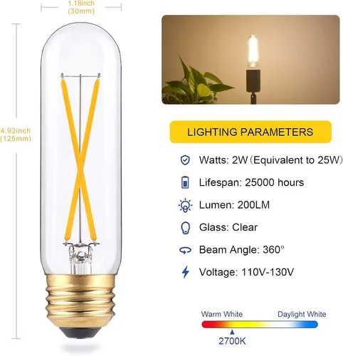 Vista 3 de Bombillas LED tubulares regulables de 2 W, blanco cálido de 2700 K, bombilla de filamento estilo Edison, bombilla vintage T10 equivalente a 25 W