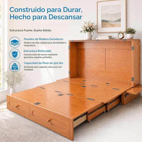 Vista 4 de Mjkone Armario de cama Queen Murphy con colchón de tres pliegues, color Cereza