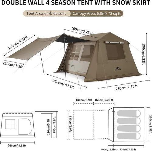 Vista 2 de Naturehike Village Tienda de Campaña Instantánea, Tienda de Campaña para 4 Personas y 8 Personas con Toldo Completo, Tiendas de Campaña Impermeables