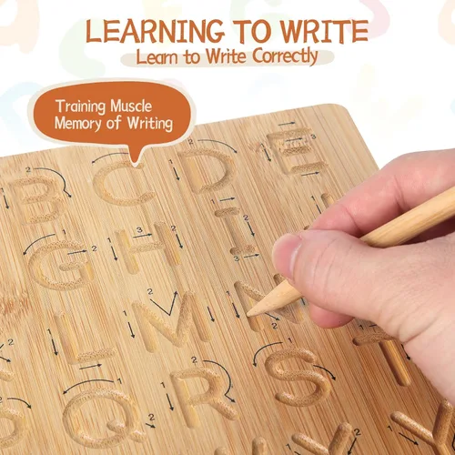 Vista 4 de Asweets Montessori - Tabla de trazado del alfabeto de madera, tablero de práctica de letras de madera, tableros de doble cara para niños pequeños