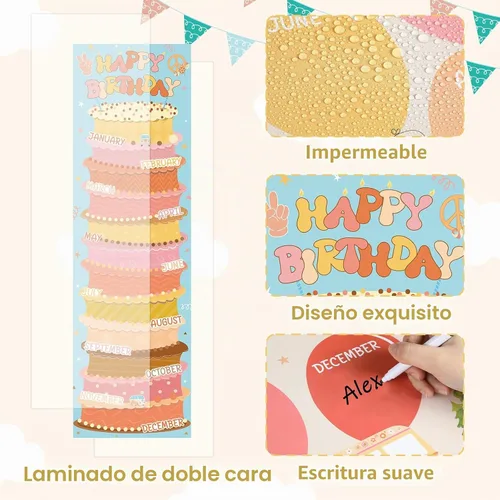Vista 3 de Lonfliness Tabla de pósteres de feliz cumpleaños, decoración de tablero de anuncios de cumpleaños, estilo retro, bohemio, cumpleaños, aula, puerta