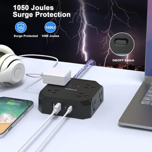 Vista 4 de Protector de sobretensiones - Cable de extensión de enchufe plano de 15 pies con 8 tomas amplias y 4 puertos USB (2 USB C), extensor de salida