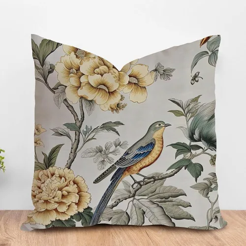 Vista 18 de ArogGeld Funda de cojín para sofá de granja con diseño de pájaro chinoiserie amarillo y gris, peonía, pavo real, decoración del hogar, funda