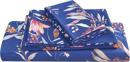 Vista 20 de JSD Juego de sábanas florales azul marino, tamaño individual, sábanas de microfibra impresas de 3 piezas, bolsillo extra profundo, sin arrugas