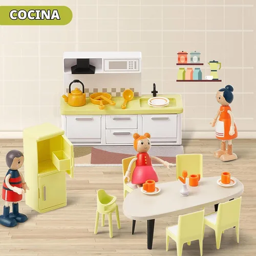Vista 3 de Giant bean Juego de 37 piezas de muebles de plástico de madera verde para cocina y baño, accesorios modernos de casa de muñecas de madera, muebles