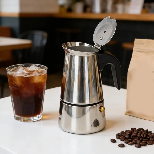 Vista 5 de Cafetera de café expreso, cafetera portátil de acero inoxidable, cafetera expreso, clásica para el hogar, oficina (6.8 fl oz)