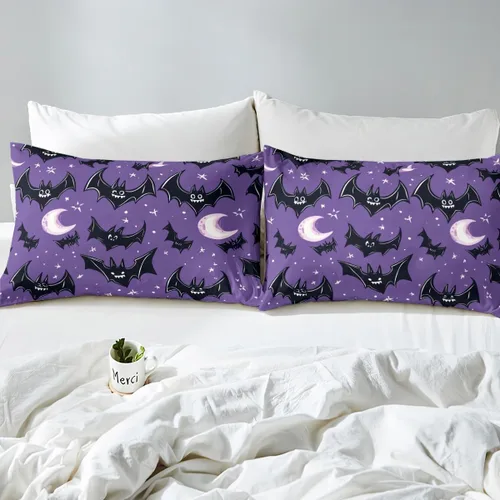 Vista 5 de Lindas sábanas de murciélagos tamaño individual, juego de sábanas de Feliz Halloween para niños y niñas, Kawaii cielo estrellado estrellas luna