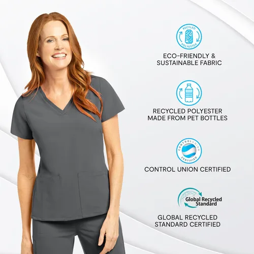 Vista 3 de Olive & Co. Camisas médicas para mujer, color gris peltre, moderno, ajustado, con cuello en V