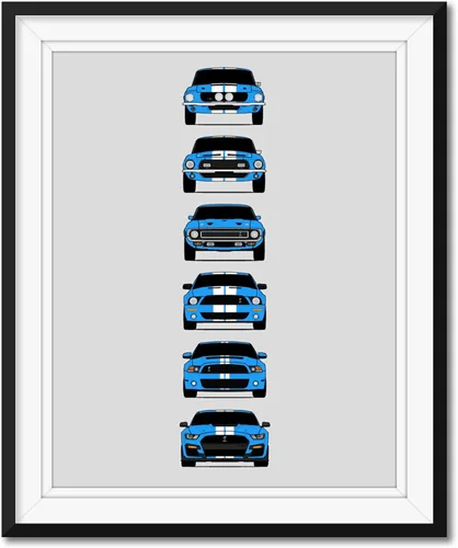 Vista 14 de Custom Car Posters Póster hecho a mano compatible con Shelby Mustang GT500 Generations e impresión de Ford Shelby GT500, azul con rayas blancas