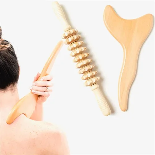 Vista 2 de 2 unids/set de herramientas de masaje de terapia de madera para drenaje linfático y alivio corporal multiusos Herramienta Gua Sha y rodillo