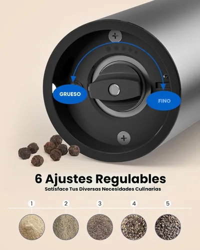 Vista 6 de Juego de molinillo eléctrico de sal y pimienta con base recargable, gran capacidad mejorada, juego de molinillo de pimienta recargable con luz LED