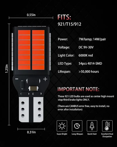 Vista 6 de Bombillas LED T15 912 921 mejoradas, rojas, de montaje alto/luz de freno 3ra, 3600LM súper brillantes, 4014, 54-SMD, chipset, Canbus, sin errores