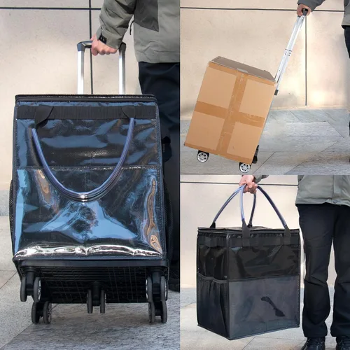 Vista 6 de Bolsas de comestibles reutilizables sobre ruedas, bolsa de asas con ruedas, carrito de compras portátil para comestibles con ruedas y bolsa con Negro