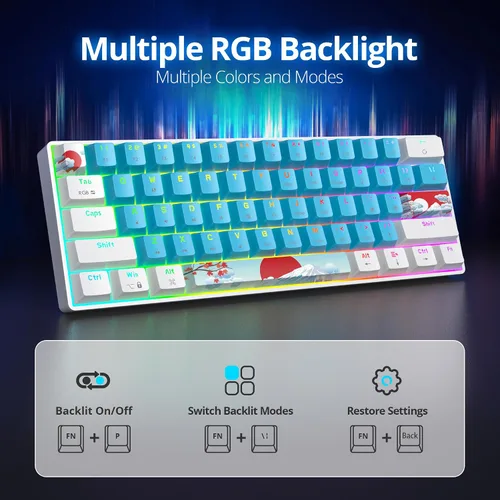 Vista 4 de Teclado mecánico 60% Teclado compacto 60% para juegos, retroiluminación RGB, 61 teclas, cable USB para PC portátil con Windows Mac