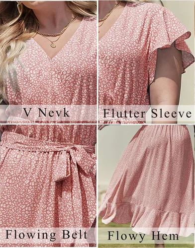 Vista 3 de IN'VOLAND Vestido de verano floral para mujer, talla grande, casual, cuello en V, manga corta, cinturón, playa, bohemio, maxi vestido