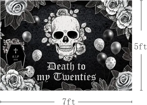 Vista 3 de MEHOFOND Telón de fondo de 7 x 5 pies de muerte a mis veinte para fiesta de cumpleaños de 30 años RIP to My 20s funeral gótico calavera rosa negra