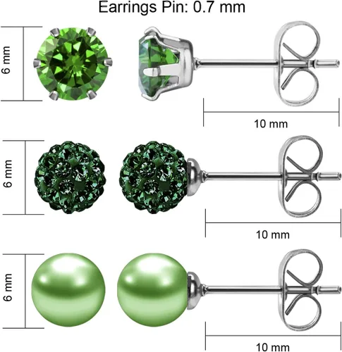 Vista 10 de JewelrieShop - Juego de aretes de tuerca de acero inoxidable con circonitas cúbicas y perlas de imitación, 3 pares de 0.236 in