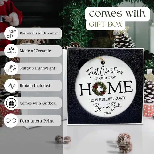 Vista 2 de Adorno Personalizado para la Primera Navidad en Nuestro Nuevo Hogar 2025, Adorno de Dirección de Casa Personalizado, Regalo para la Familia, Regalo