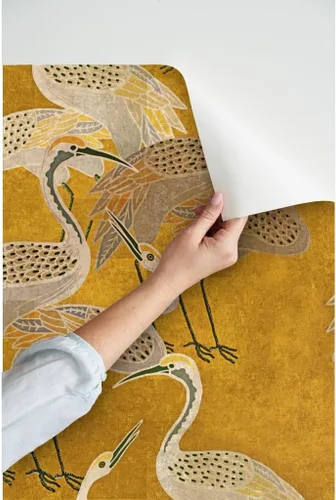 Vista 3 de Spoonflower Papel tapiz para despegar y pegar - Grúas Art Deco Golden Birds Gold Oriental Texture Silver Papel pintado extraíble personalizado