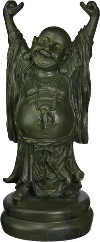 Vista 5 de Design Toscano Estatua asiática de decoración santuario, juego de dos, Jolly Hotei y Buda riendo, acabado de bronce Verdigris
