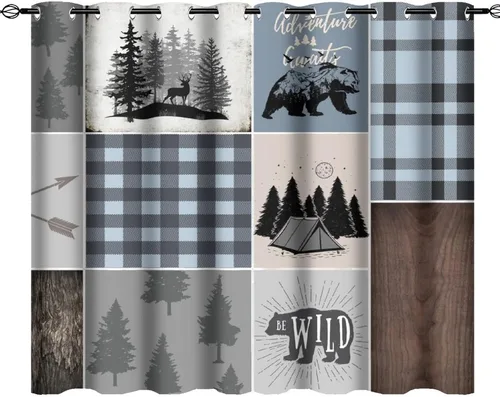 Vista 20 de Cortinas opacas rústicas de cabaña con osos y ciervos - Juego de cortinas de ventana con ojales de temática de granja abstracta, caza, animal