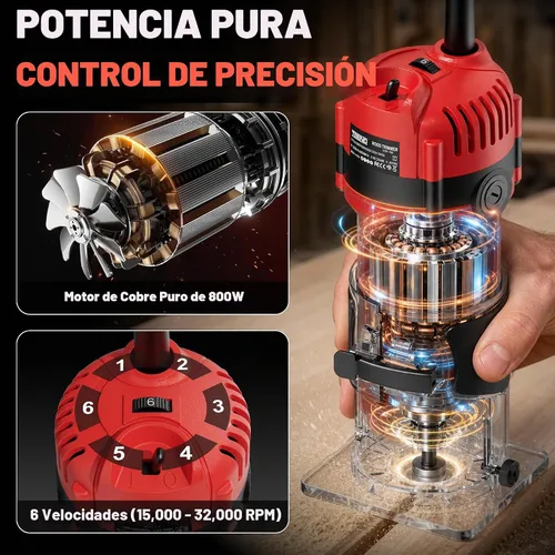Vista 2 de TEENO Herramienta de enrutador, 1.25 HP 6.5 Amp Herramienta compacta de Rojo