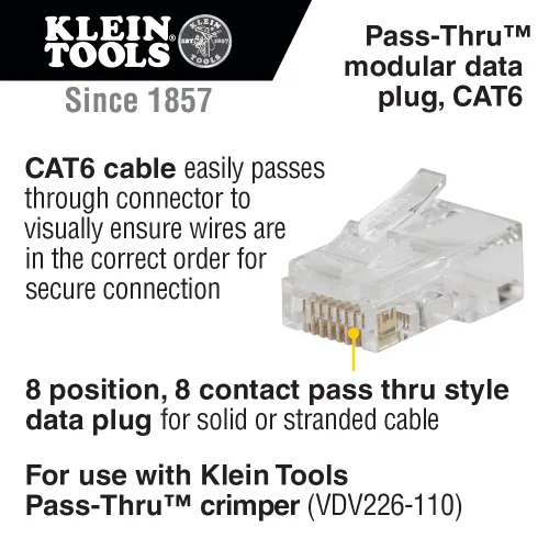 Vista 4 de Klein Tools 80085 VDV Kit de prueba de cables LAN y alambre para enchufes de datos modulares Klein Pass-THU RJ45, 6 piezas