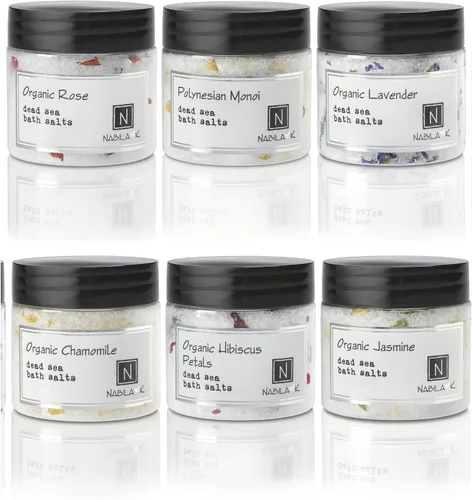 Vista 8 de Nabila K - Sales de baño orgánicas de manzanilla – Sal del Mar Muerto y sal de Epsom exfoliante y remojar – Exfolia e hidrata la piel, aceites