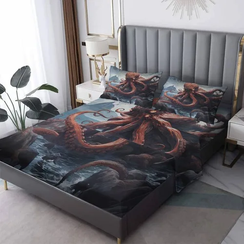 Vista 9 de Juego de sábanas de pulpo tamaño individual, sábanas de microfibra suave y bolsillo profundo, sábanas y fundas de almohada estampadas sin arrugas, 3