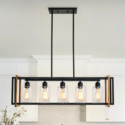 Vista 14 de Iluminación rústica de isla de cocina de granja, lámpara de 5 luces para comedor sobre mesa, lámpara de araña de madera rústica rectangular, lámpara