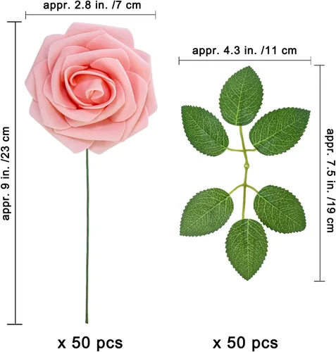 Vista 5 de Winlyn 50 rosas rosas rosas de tacto real con tallos y hojas de seda, flores artificiales a granel para bodas, centros de mesa, arreglos florales