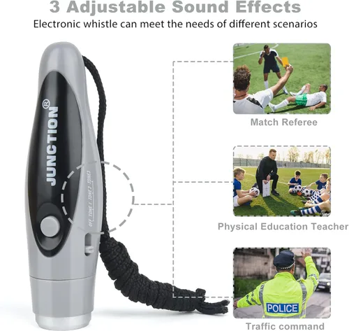 Vista 2 de Silbatos electrónicos, silbatos eléctricos más fuertes, 3 tonos, silbato de alto volumen, de mano para entrenadores, árbitros, silbato de Gris