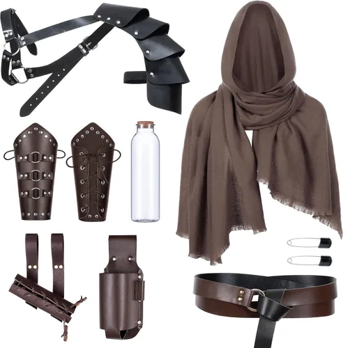 Vista 22 de Cinturón de cuero de caballero medieval para hombre, chal renacentista, capa de medio hombro, bufanda, brazaletes con hebilla, accesorios retro