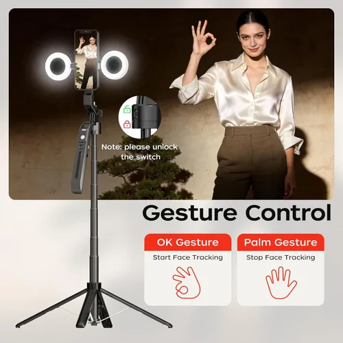 Vista 5 de Trípode para selfie de seguimiento automático de 70.9 pulgadas para iPhone y Android con luces, sin aplicación, trípode de rotación de 360° que