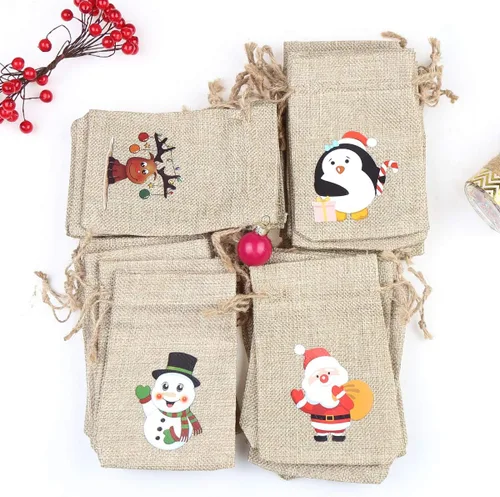 Vista 4 de CCINEE 36 pzas bolsas de lino navideñas con cordones, bolsas de regalo de arpillera navideña con cordones dobles de yute, 4 diseños: muñeco de 36
