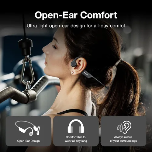 Vista 3 de Auriculares de conducción ósea, auriculares inalámbricos Bluetooth 6.0 con micrófono, IP56 impermeables para correr, 10 horas de reproducción