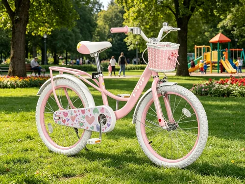 Vista 10 de Bicicleta de 20 pulgadas para niñas con canasta, bicicleta para niños de 7 a 12 años, bicicleta de crucero de playa verde y rosa para niñas, frenos