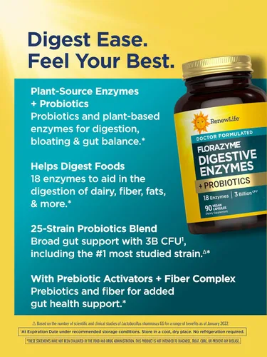 Vista 4 de Renew Life Florazyme Enzimas digestivas con probióticos Formulado por médicos Ayuda a gases ocasionales, hinchazón y molestias Salud digestiva