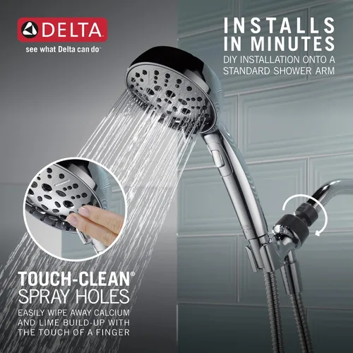 Vista 6 de Delta Faucet H2Okinetic - Cabezal de ducha de mano de 6 ajustes, ducha cromada con manguera, ducha de mano 1.75 GPM, cromo 75536