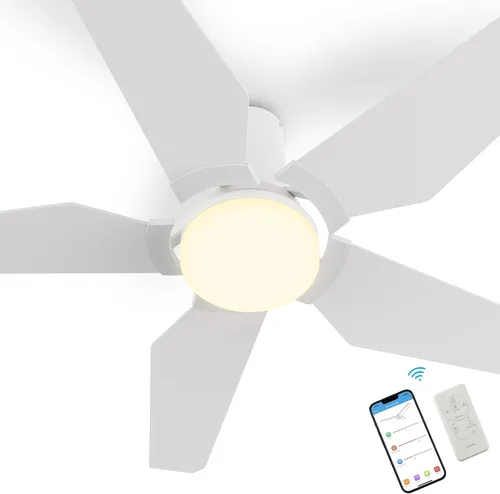 Vista 7 de SMAAIR Ventiladores de techo de montaje empotrado con luces y control remoto, 5 cuchillas de madera contrachapada tallada, motor BLDC silencioso