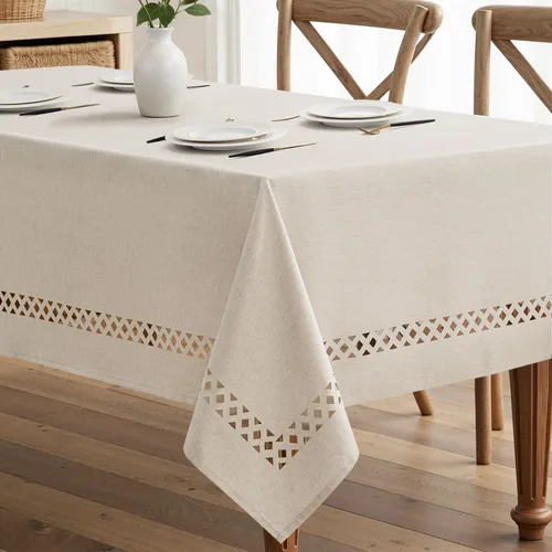 Vista 12 de MIULEE Mantel redondo de poliéster de lino beige con recortes decorativos, impermeable, resistente a las manchas y al encogimiento, 60 x 60