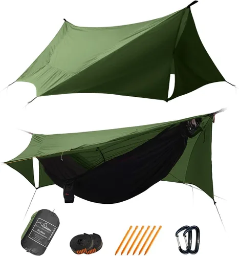 Vista 12 de TriHive - Tienda de campaña plana para acampar con mosquitera y lluvia PU3000, tienda de campaña 2 en 1 para una sola persona para mochileros