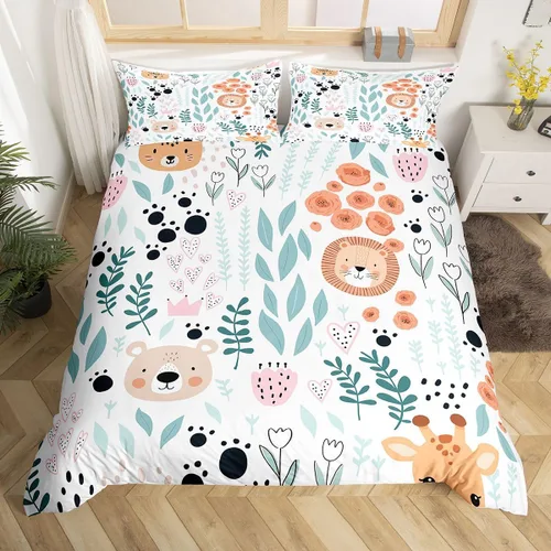 Vista 18 de Erosebridal Juego de ropa de cama individual de animales de la selva para niñas y niños, funda de edredón de elefante oso, tigre, león, safari