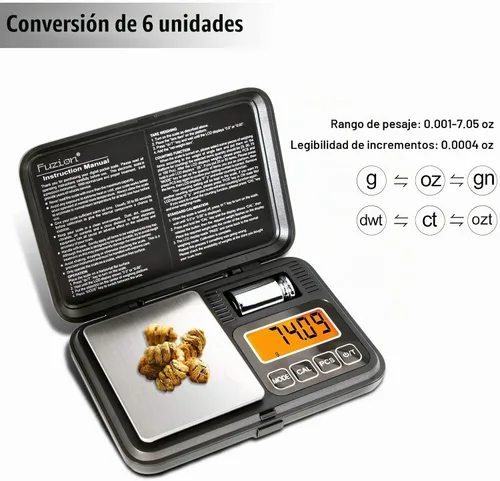 Vista 2 de Báscula de bolsillo digital de Fuzion 7.05 oz/0.00 oz, báscula de gramos con pantalla LCD, tara y PCS, báscula digital mini con peso de calibración