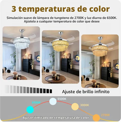 Vista 4 de Ventilador de techo retráctil de cristal con luces, ventilador de techo Bluetooth con altavoz, cuchillas reversibles de 6 velocidades, luz LED RGB