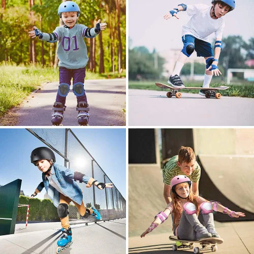 Vista 7 de DaCool Juego de casco de bicicleta para niños, rodilleras para patineta, coderas, muñequeras ajustables para niños de 3 a 10 años
