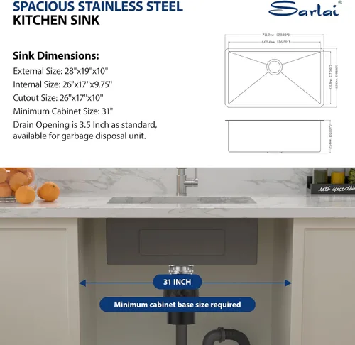 Vista 7 de Sarlai Gold Fregadero de Cocina Empotrado - Fregadero de Cocina de 28 Pulgadas Empotrado de Acero Inoxidable Dorado Tazón Individual de 28" x 19